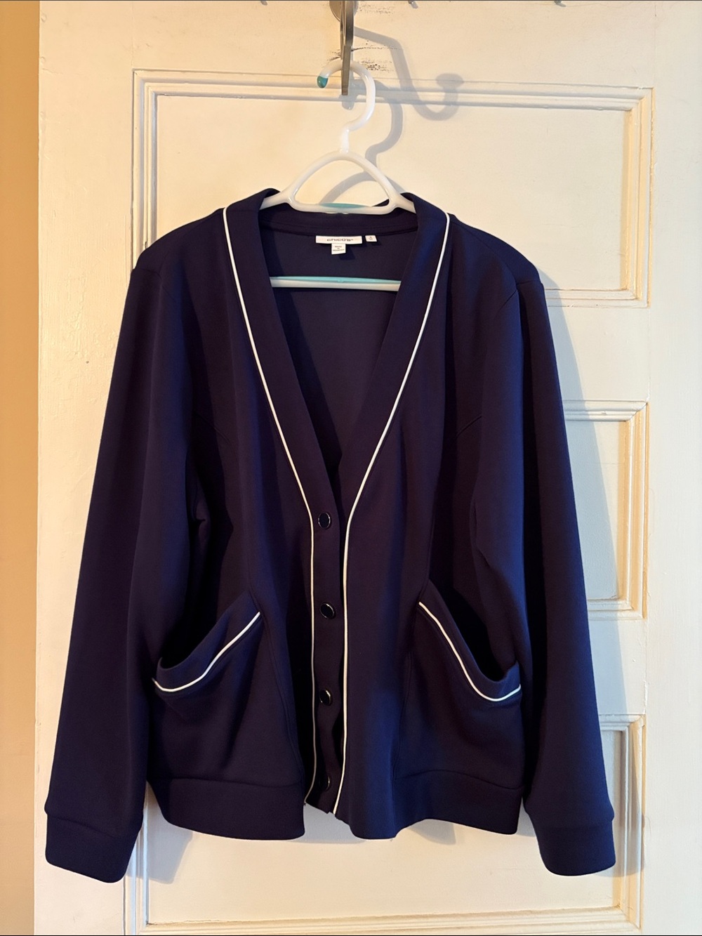 Chico's Soft Pique Cardigan Navy with White Piping